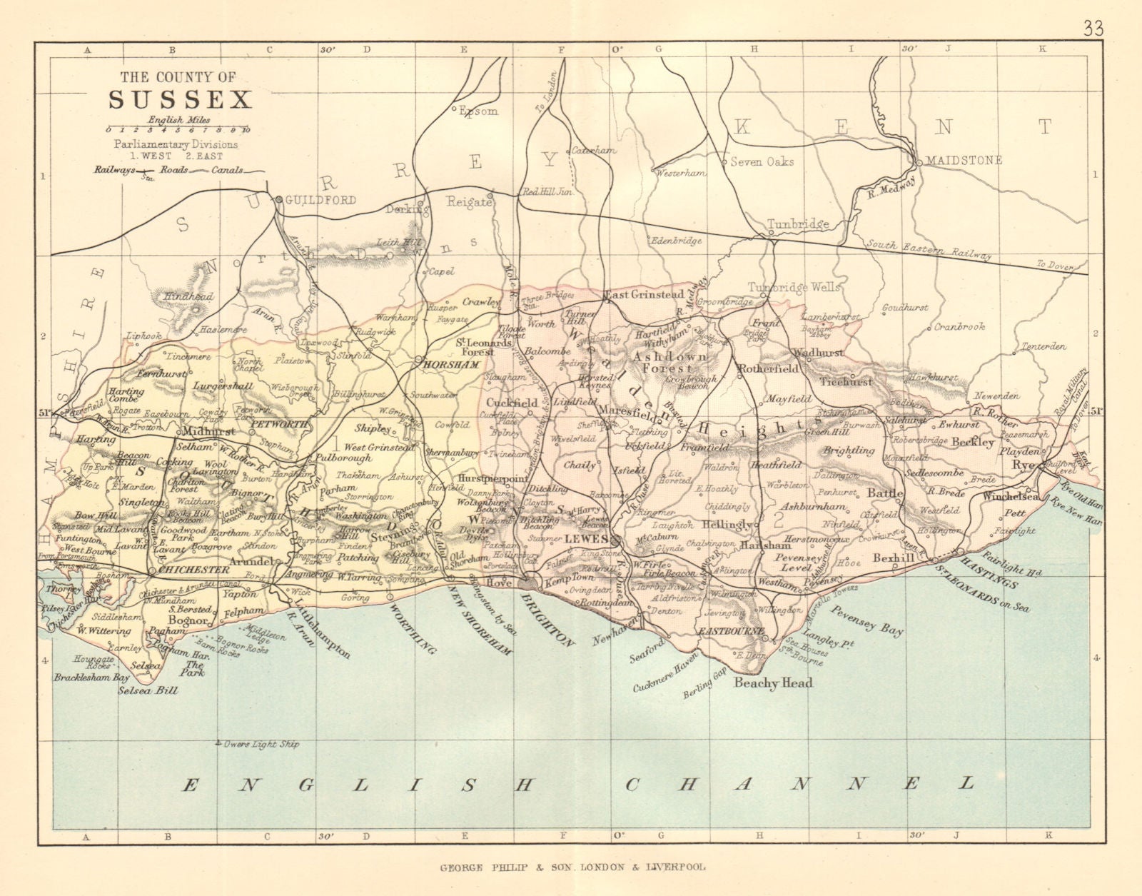 SUSSEX. Antique county map. Railways roads canals. Constituencies. PHILIP 1884